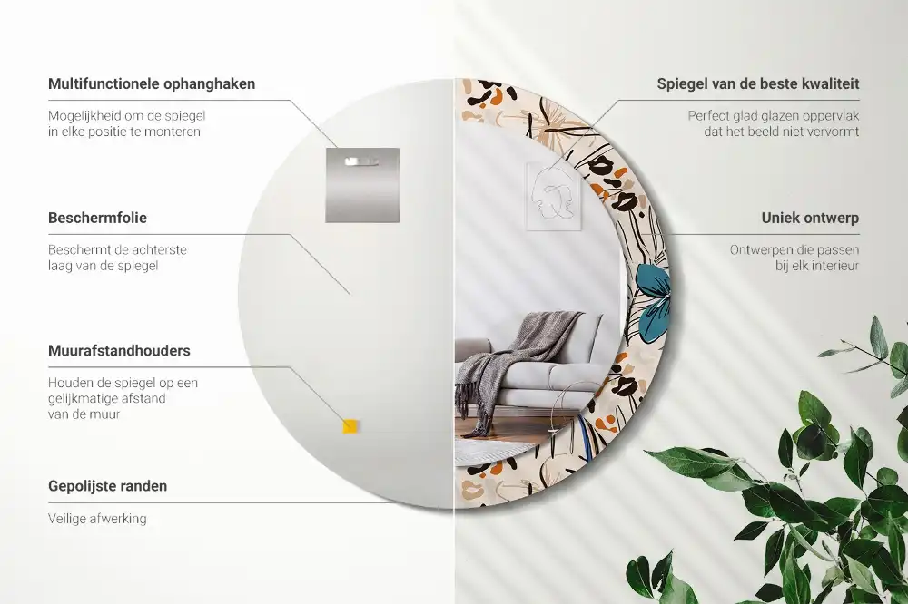 Miroir rond cadre imprimé fleurs et motif jungle