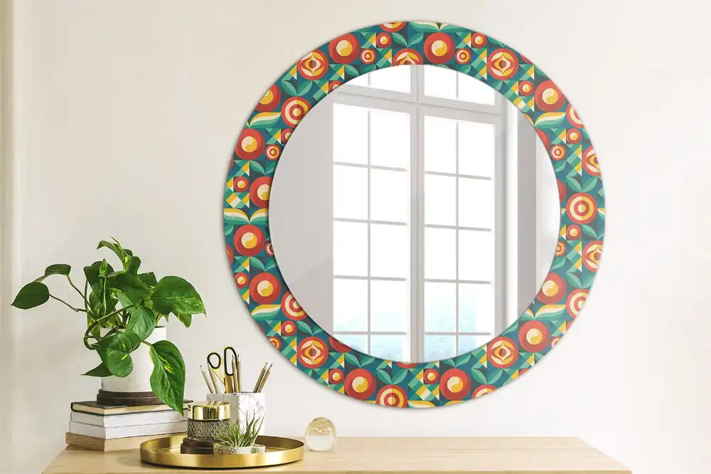 Miroir rond cadre avec impression fruits et feuilles géométriques