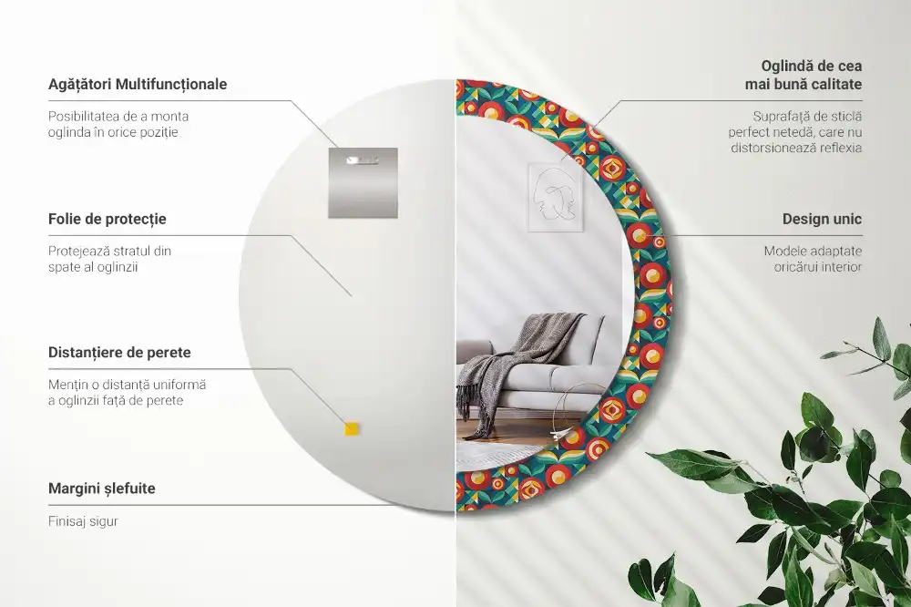 Miroir rond cadre avec impression fruits et feuilles géométriques