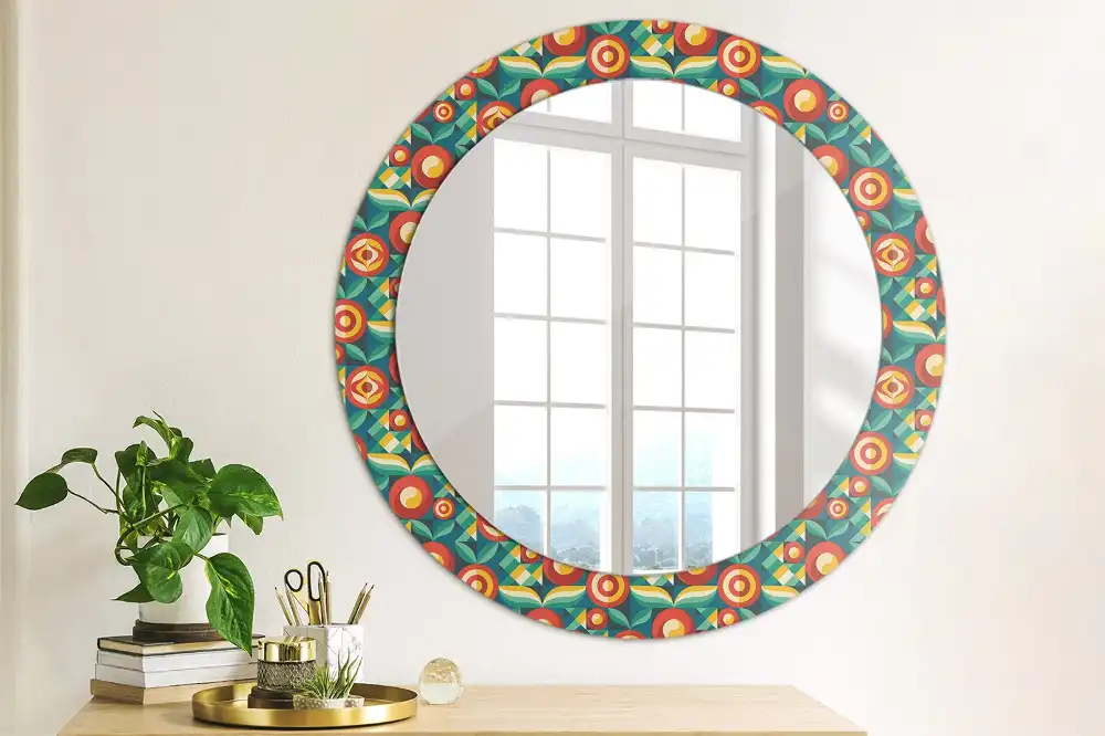 Miroir rond cadre avec impression fruits et feuilles géométriques