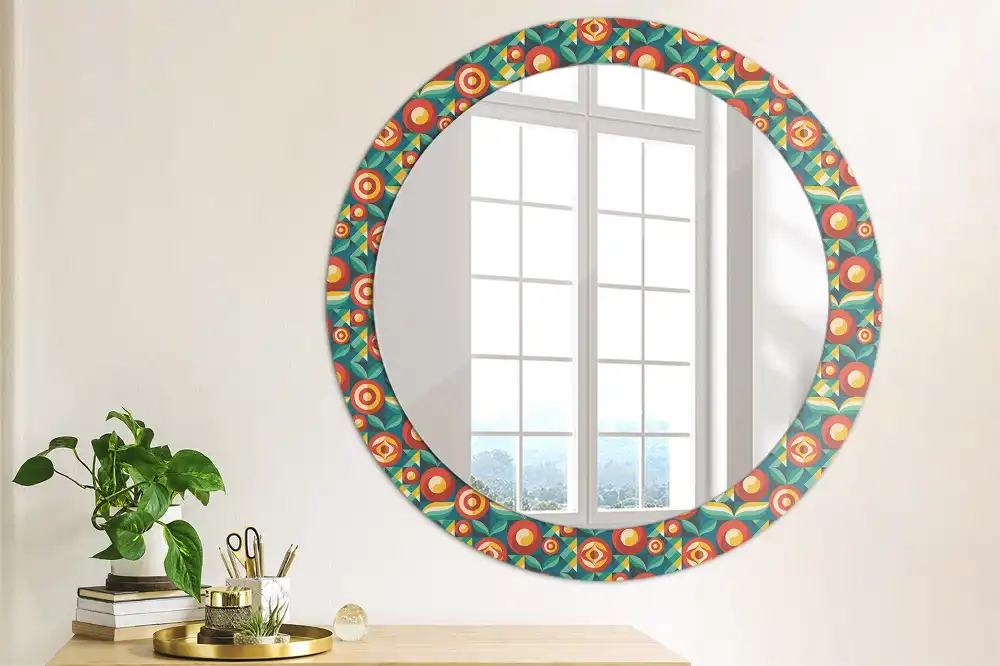 Miroir rond cadre avec impression fruits et feuilles géométriques
