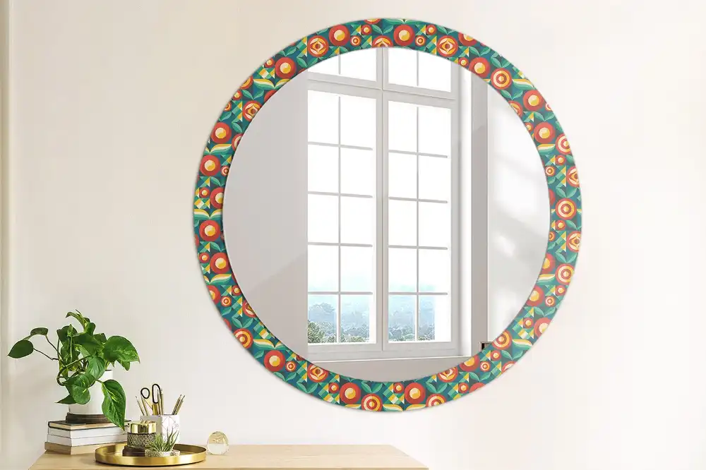 Miroir rond cadre avec impression fruits et feuilles géométriques