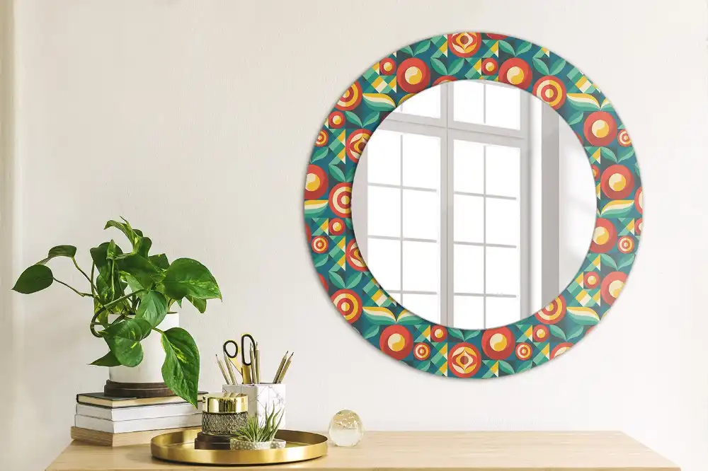 Miroir rond cadre avec impression fruits et feuilles géométriques