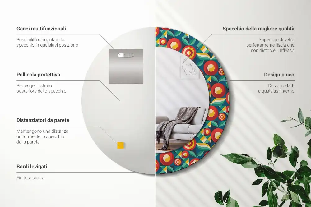 Miroir rond cadre avec impression fruits et feuilles géométriques