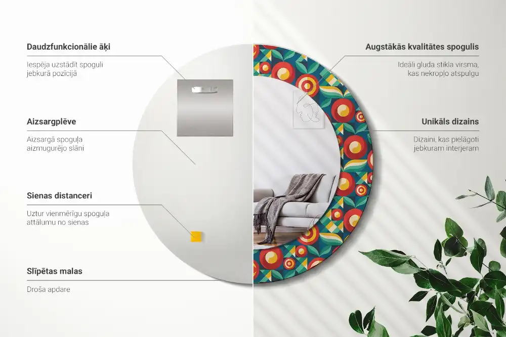 Miroir rond cadre avec impression fruits et feuilles géométriques
