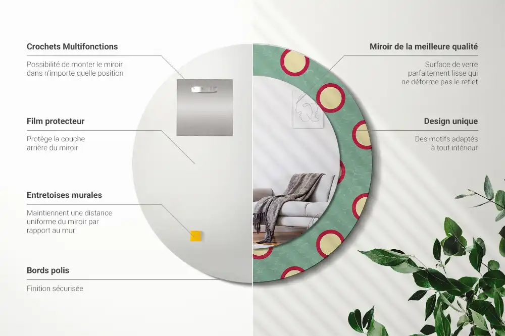 Miroir rond cadre avec impression cercles de pois