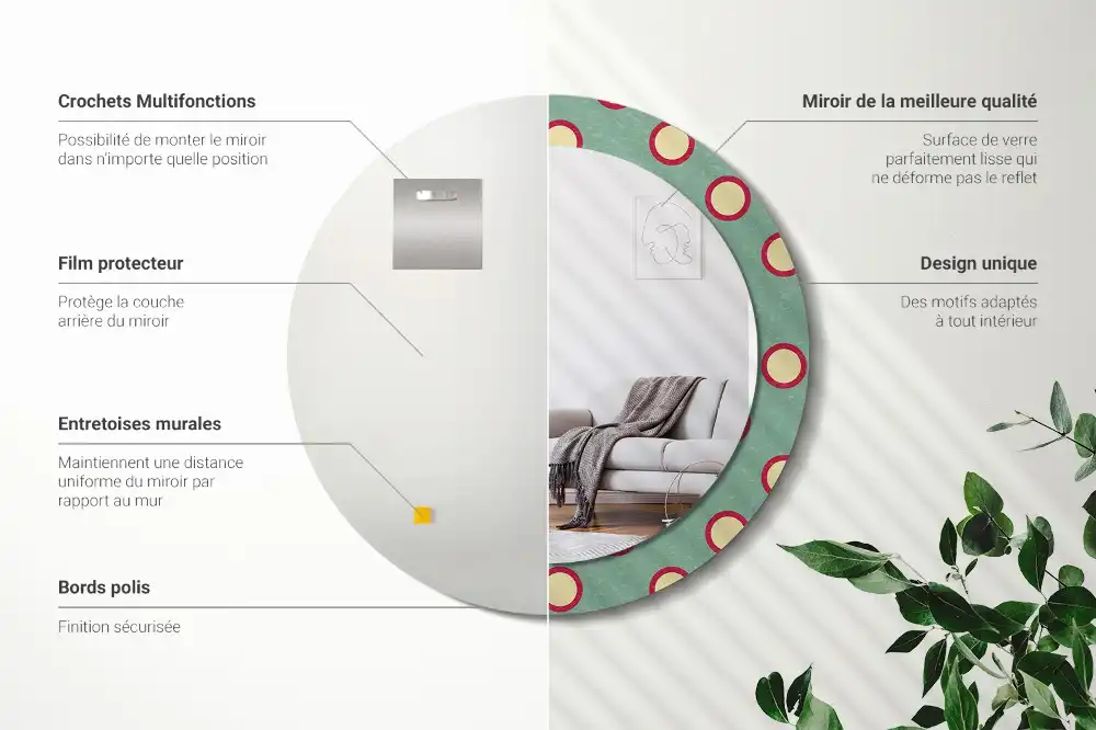 Miroir rond cadre avec impression cercles de pois