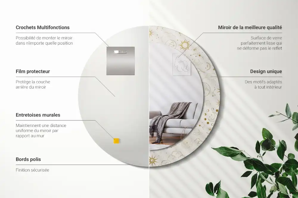 Miroir rond cadre avec impression motif mystique
