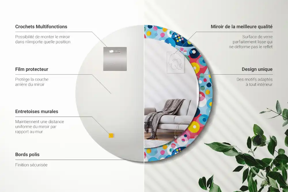 Miroir rond cadre imprimé cercles colorés