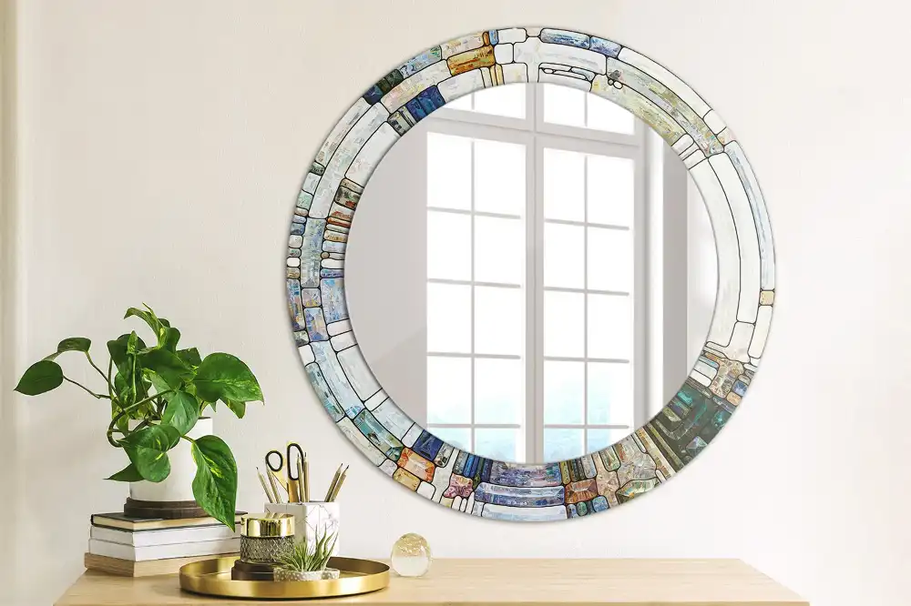 Miroir rond cadre avec impression mosaïque de verre
