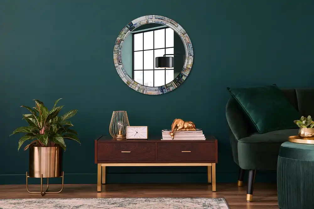 Miroir rond cadre avec impression mosaïque de verre