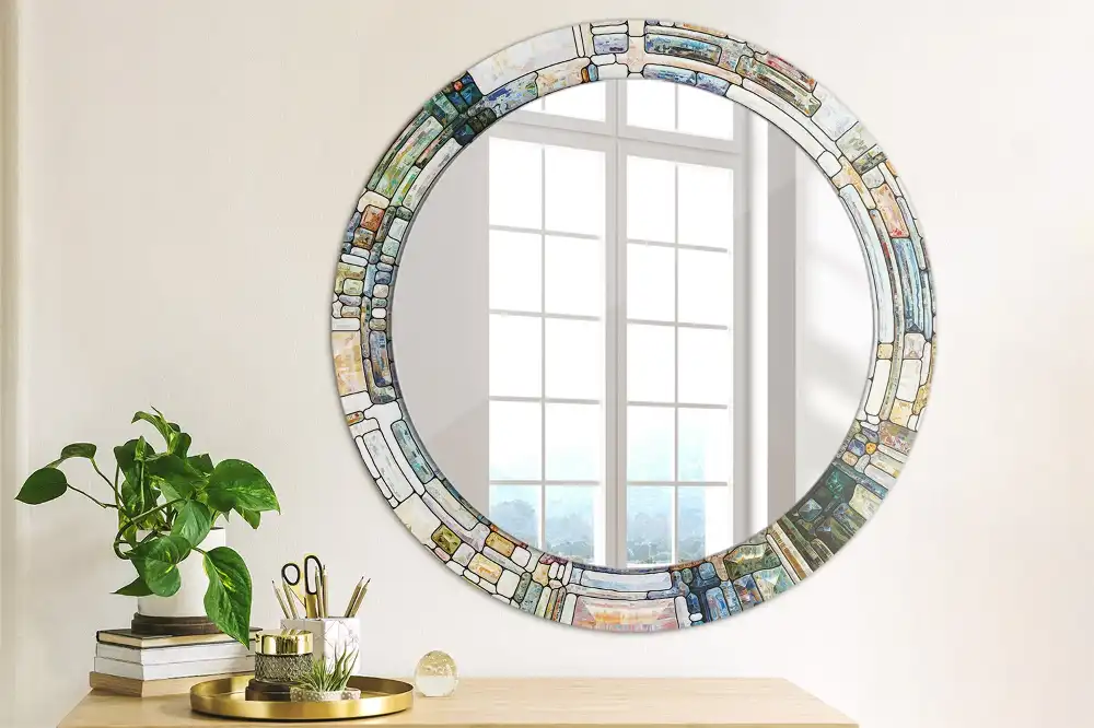 Miroir rond cadre avec impression mosaïque de verre