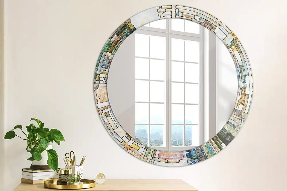 Miroir rond cadre avec impression mosaïque de verre