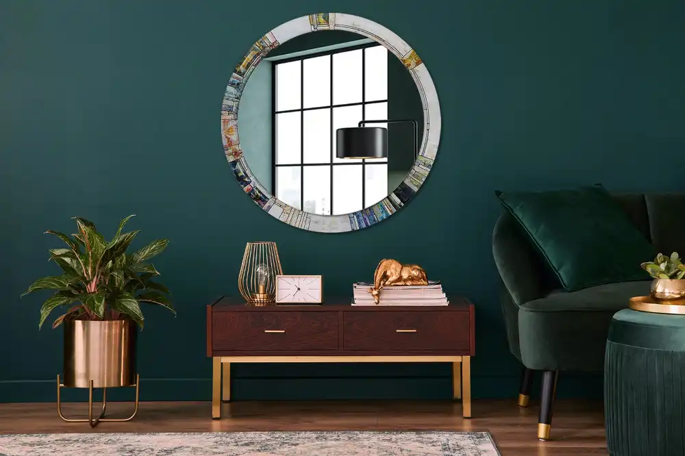 Miroir rond cadre avec impression mosaïque de verre