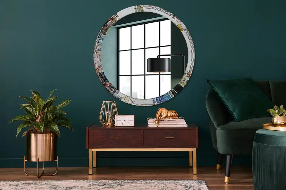 Miroir rond cadre avec impression mosaïque de verre