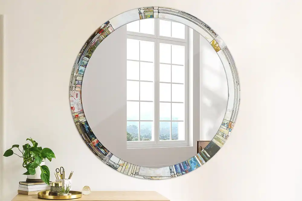 Miroir rond cadre avec impression mosaïque de verre