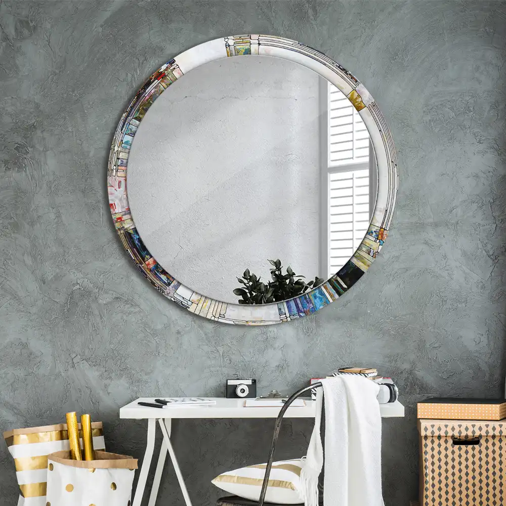 Miroir rond cadre avec impression mosaïque de verre