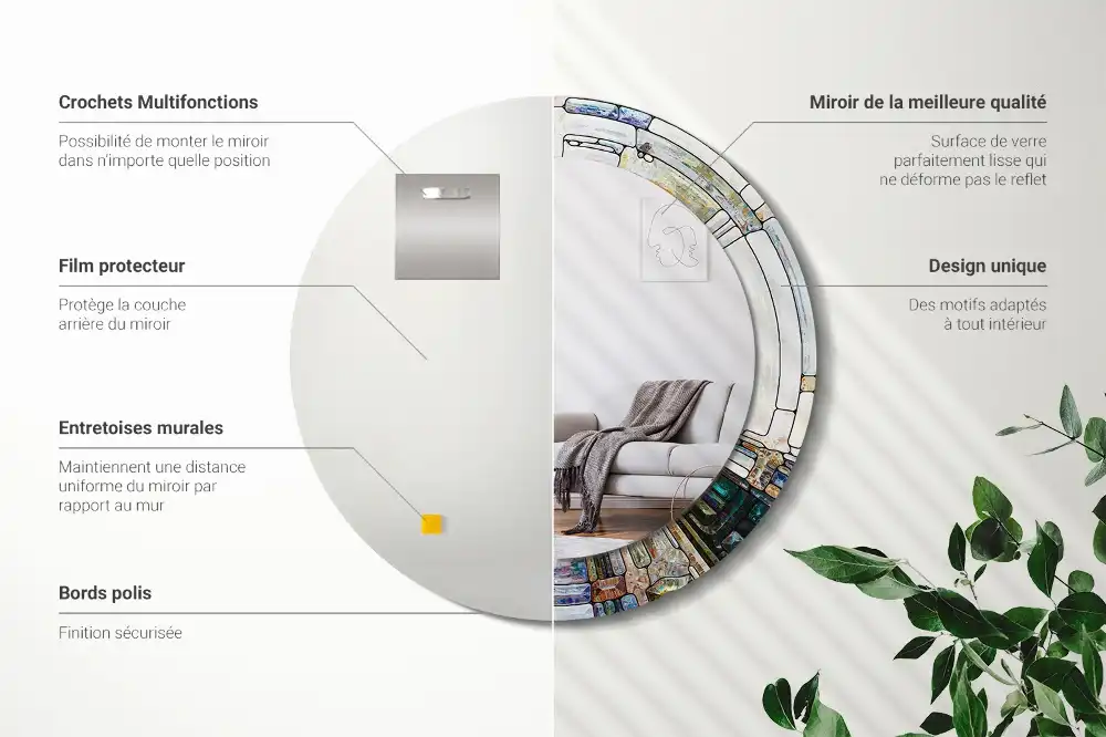 Miroir rond cadre avec impression mosaïque de verre