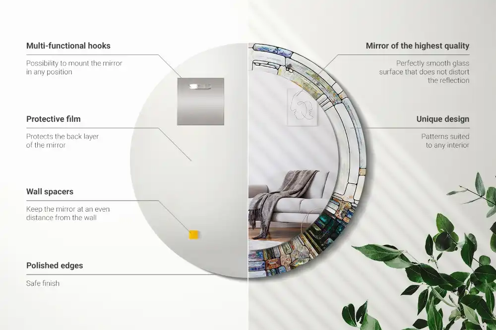 Miroir rond cadre avec impression mosaïque de verre