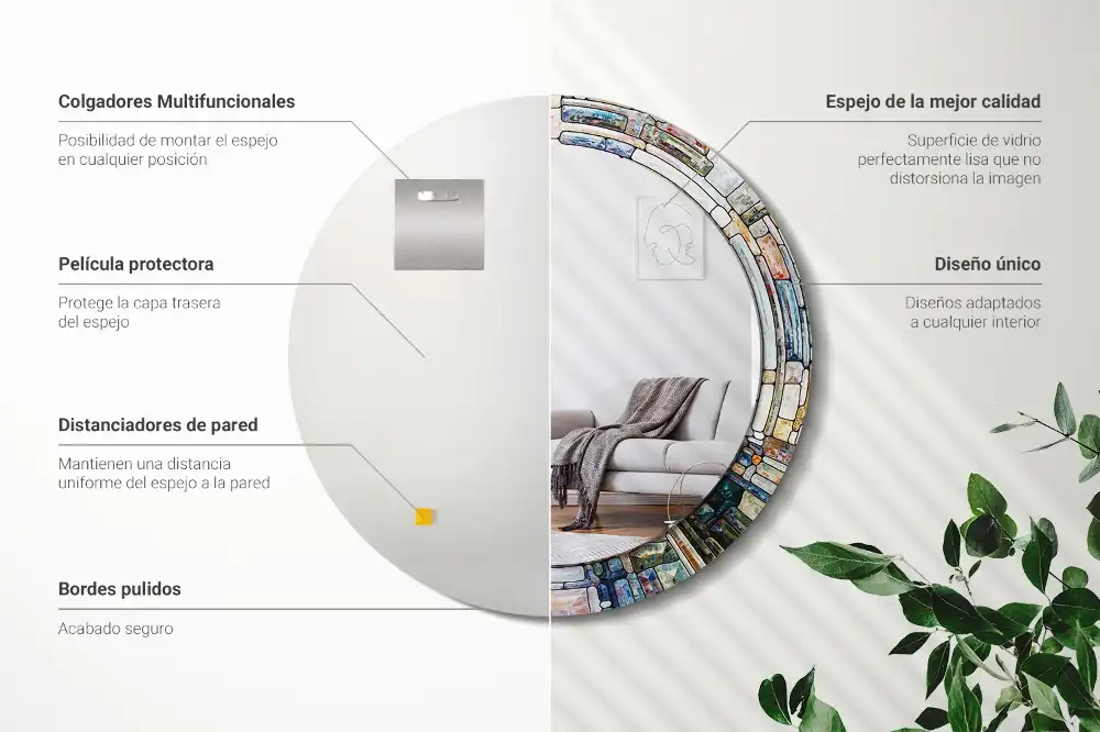 Miroir rond cadre avec impression mosaïque de verre