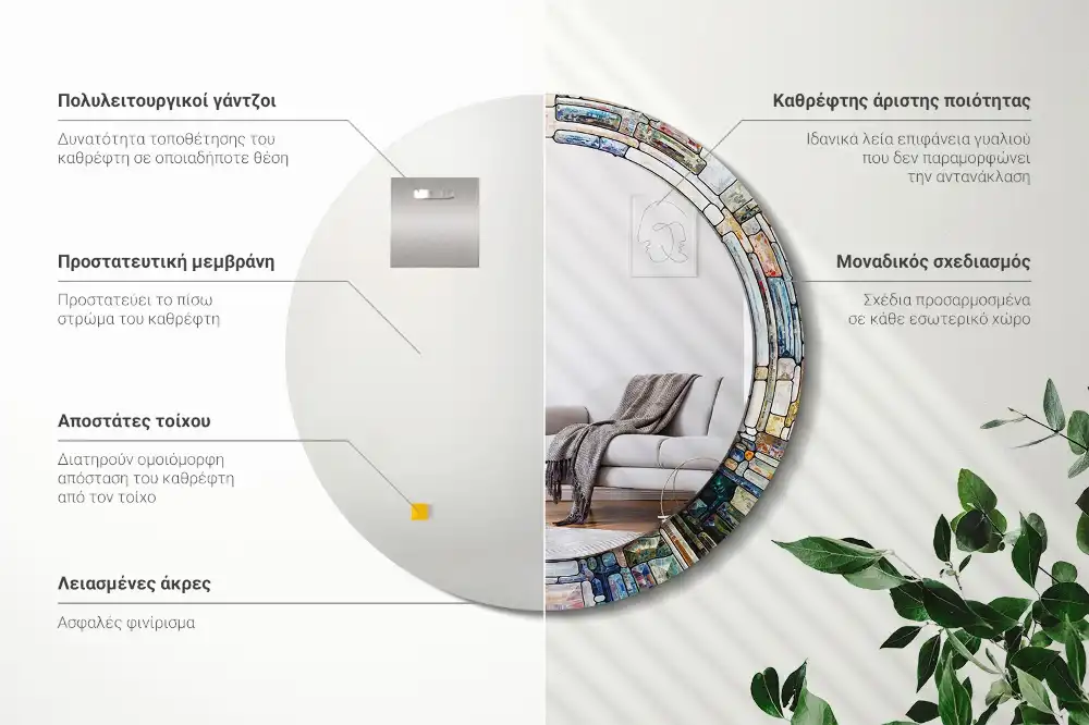 Miroir rond cadre avec impression mosaïque de verre