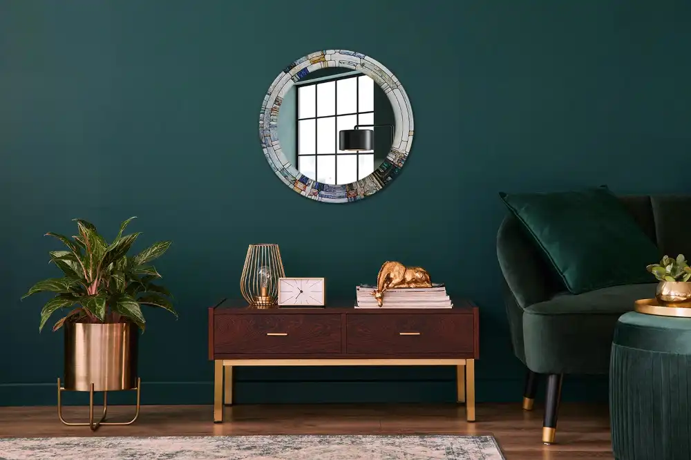 Miroir rond cadre avec impression mosaïque de verre