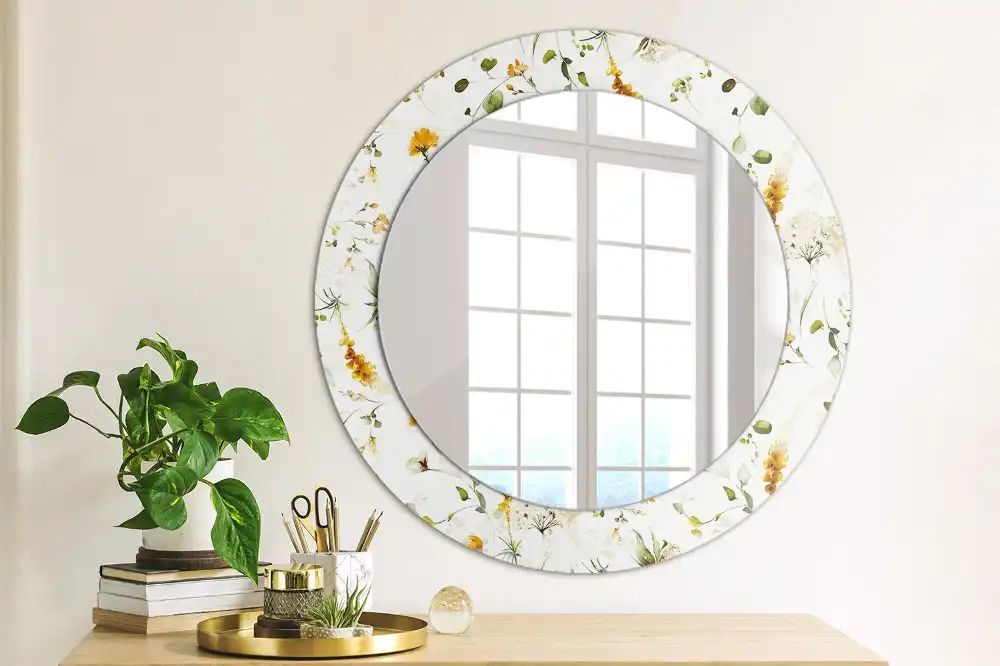 Miroir rond cadre imprimé fleurs des champs