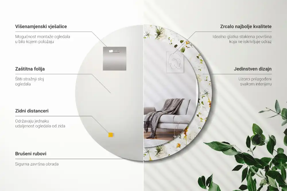 Miroir rond cadre imprimé fleurs des champs