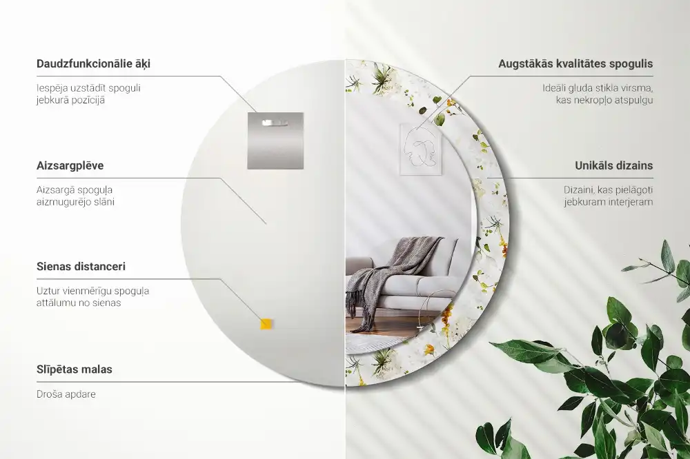 Miroir rond cadre imprimé fleurs des champs