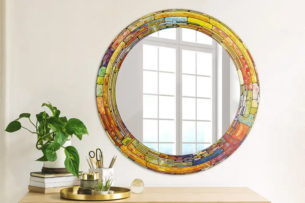 Miroir rond cadre avec impression vitrail coloré