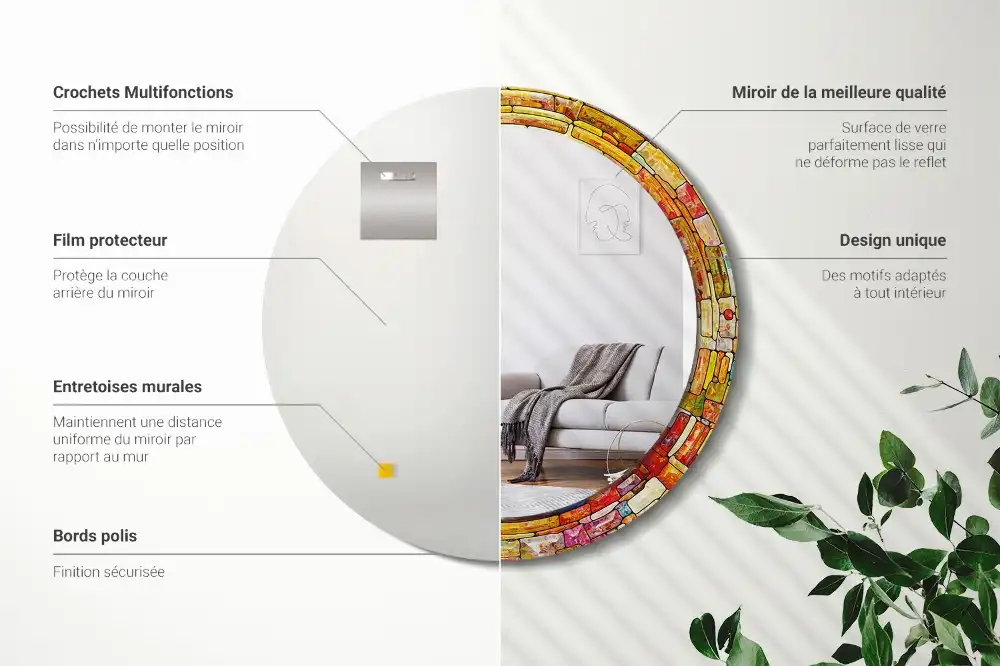 Miroir rond cadre avec impression vitrail coloré