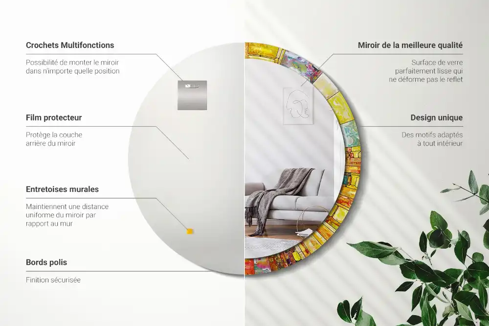 Miroir rond cadre avec impression vitrail coloré