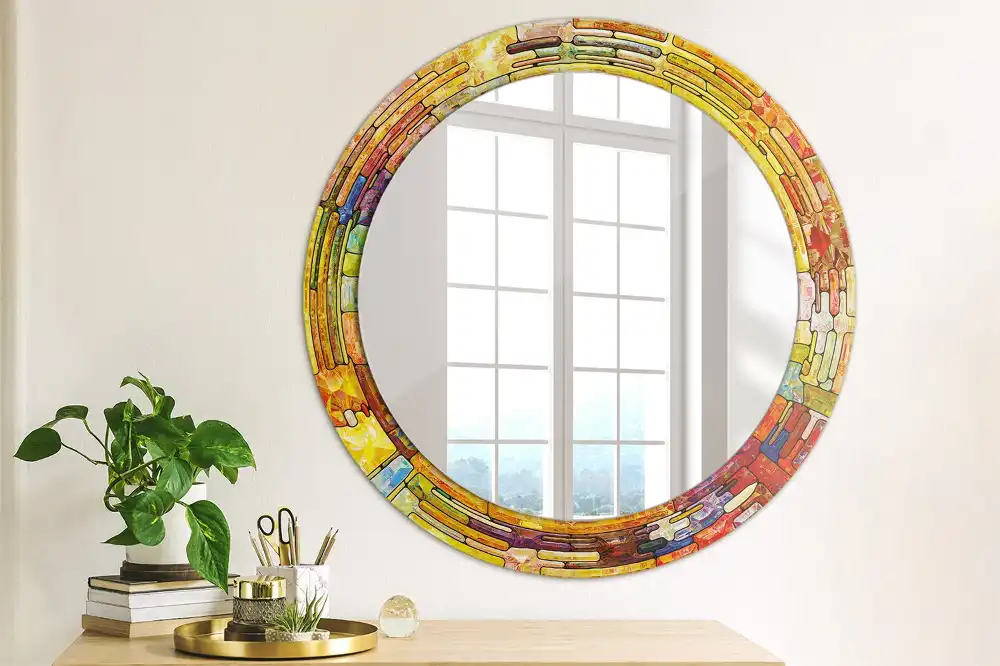 Miroir rond cadre avec impression vitrail coloré