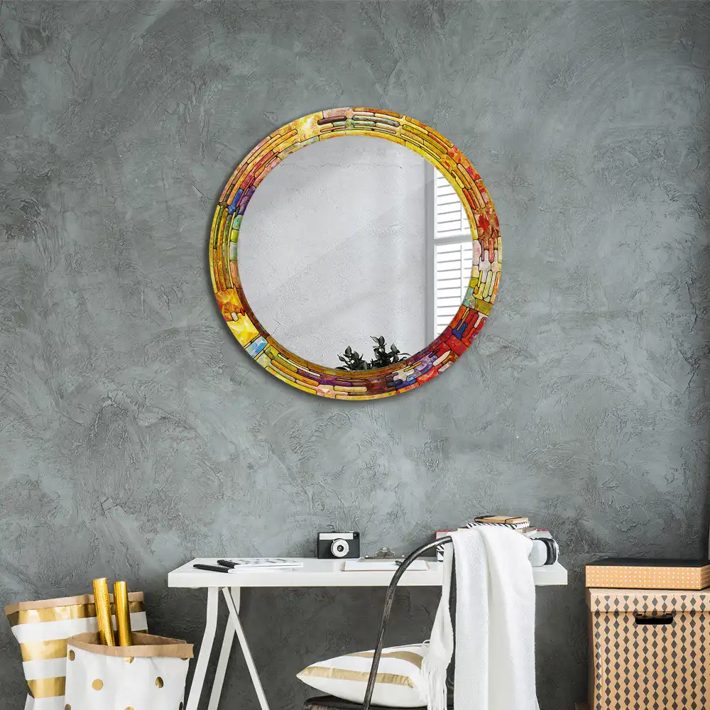 Miroir rond cadre avec impression vitrail coloré