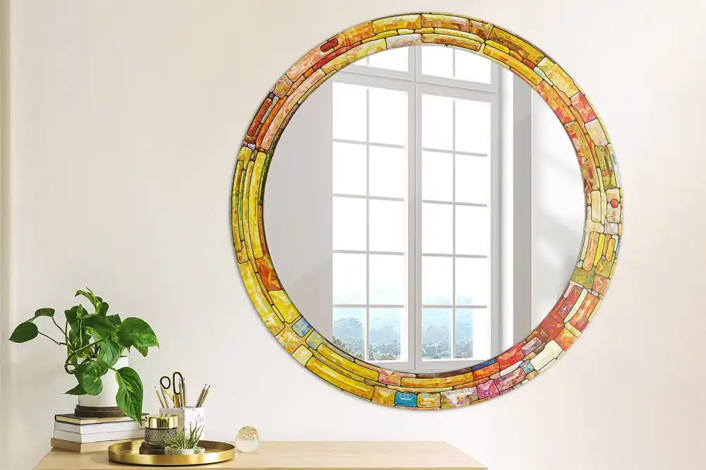 Miroir rond cadre avec impression vitrail coloré