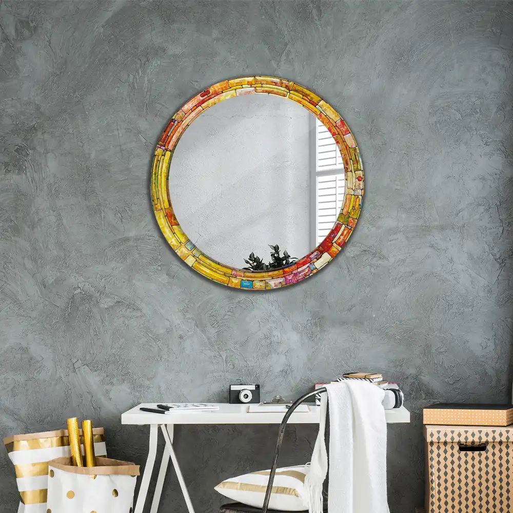 Miroir rond cadre avec impression vitrail coloré