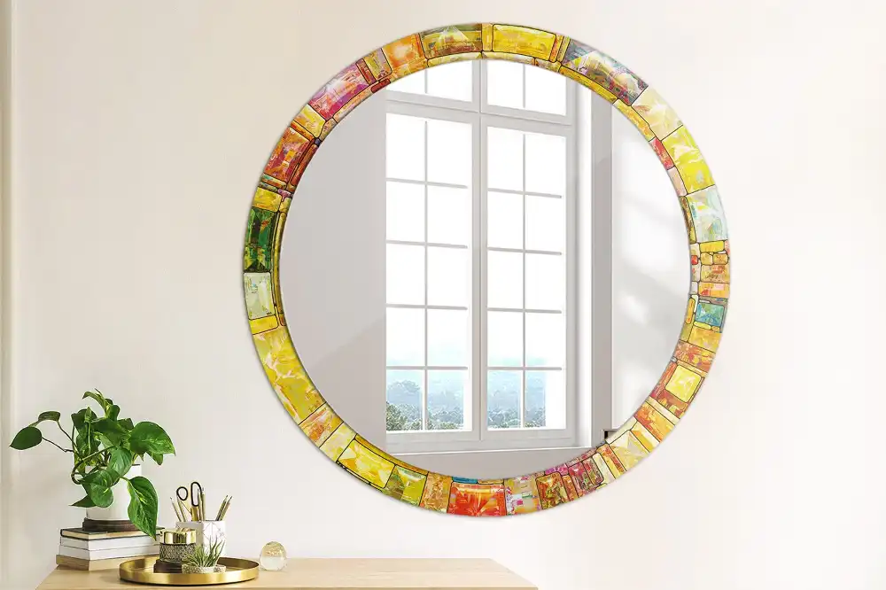 Miroir rond cadre avec impression vitrail coloré