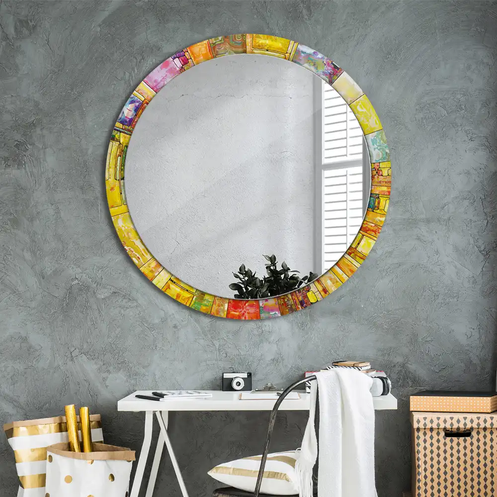 Miroir rond cadre avec impression vitrail coloré