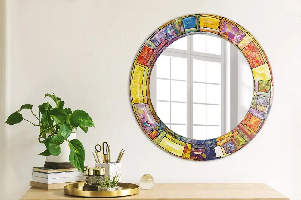 Miroir rond cadre avec impression vitrail coloré