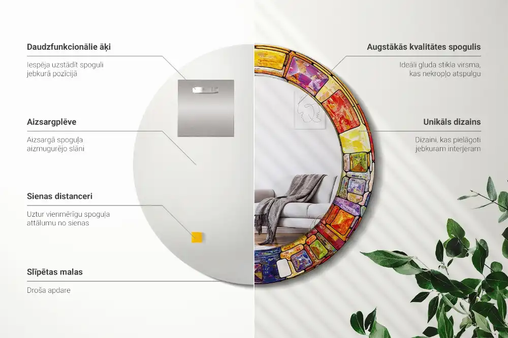 Miroir rond cadre avec impression vitrail coloré
