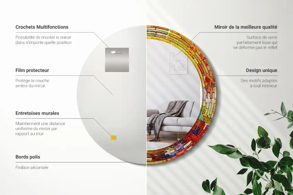 Miroir rond cadre avec impression vitrail coloré