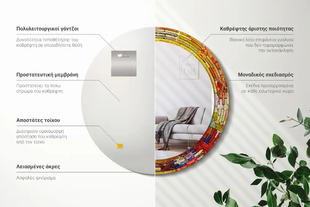 Miroir rond cadre avec impression vitrail coloré