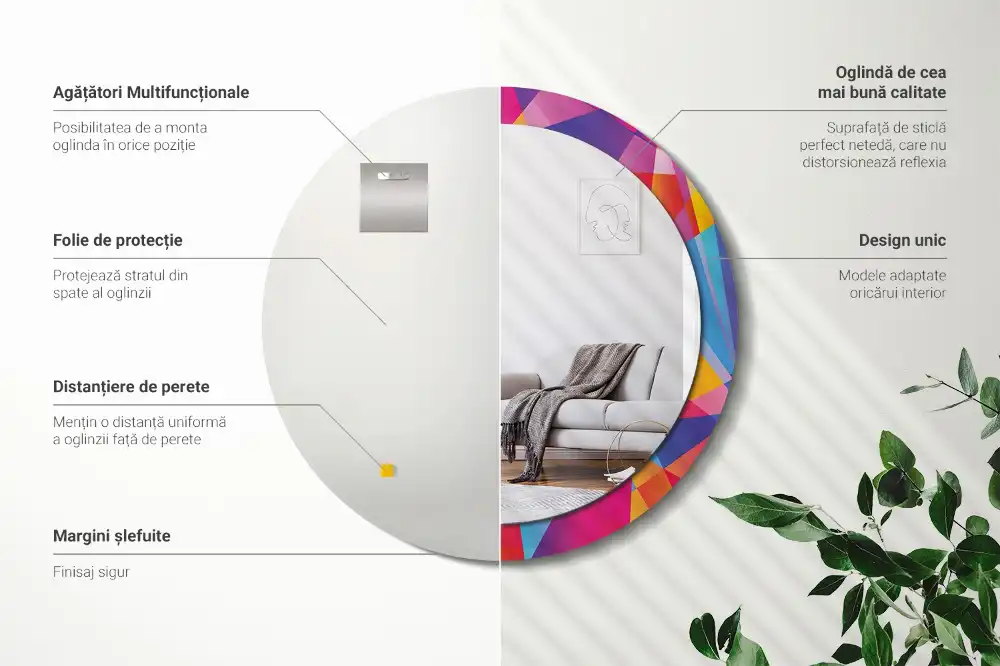 Miroir rond cadre imprimé composition géométrique