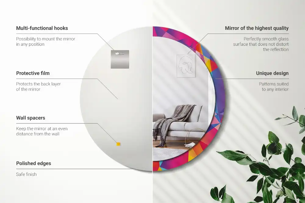 Miroir rond cadre imprimé composition géométrique