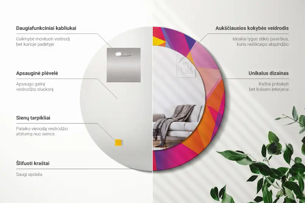 Miroir rond cadre imprimé composition géométrique