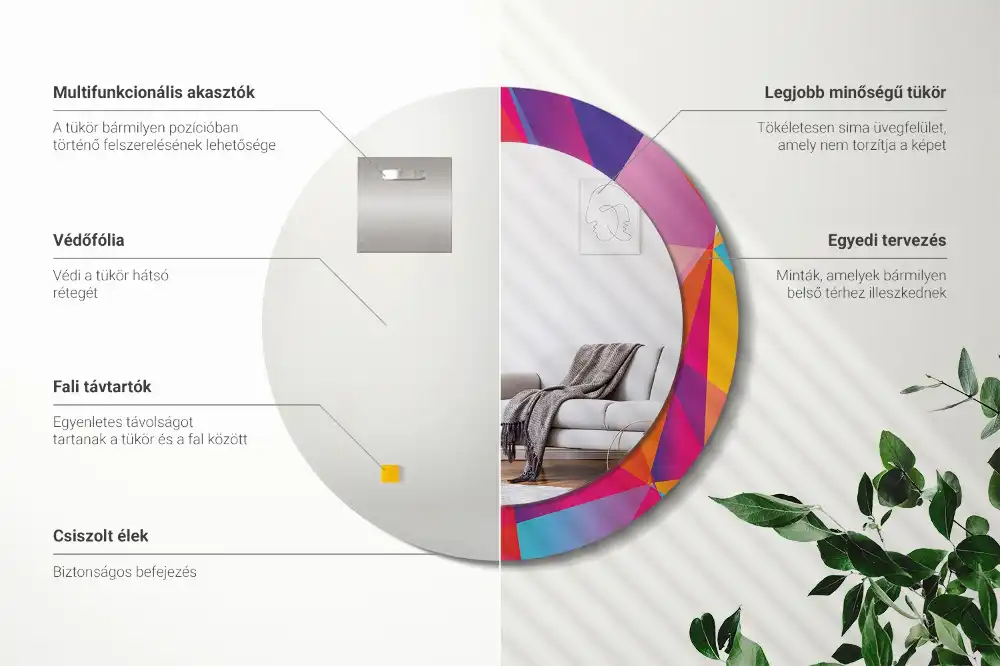 Miroir rond cadre imprimé composition géométrique