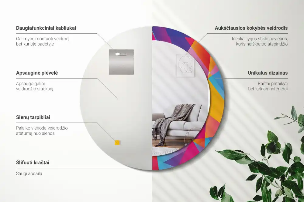Miroir rond cadre imprimé composition géométrique