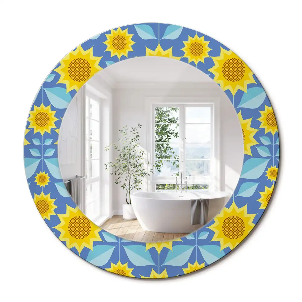 Miroir rond imprimé tournesols géométriques