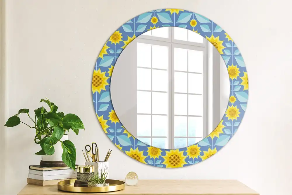 Miroir rond imprimé tournesols géométriques