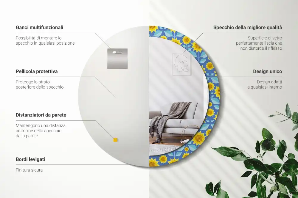 Miroir rond imprimé tournesols géométriques